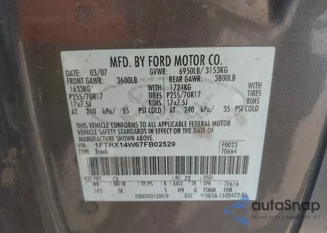 2007 Ford F-150 Fx4/Stx/Xl/Xlt z USA, uszkodzony, nr VIN 1FTRX14W67FB02529